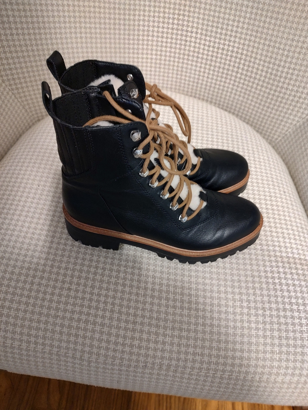 Black Leather Lace-Up Ankle Boots with Tan Laces